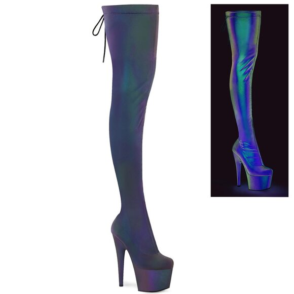 Reflective Stretch Thigh High Platform 7 Inch High Heel Boots 3008 - Picture 1 of 15